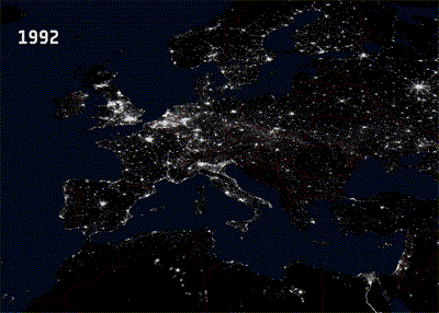 This very impressive comparison was created using the DMSP satellites images; we can clearly see the increasing intensity of lights from cities and along the roads in Europe